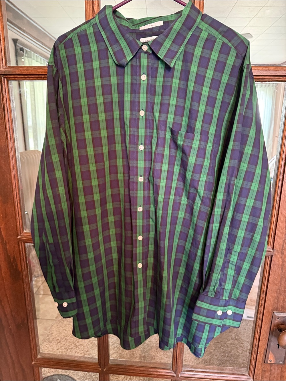 Lands' End Green and Navy Plaid Button-Down Shirt